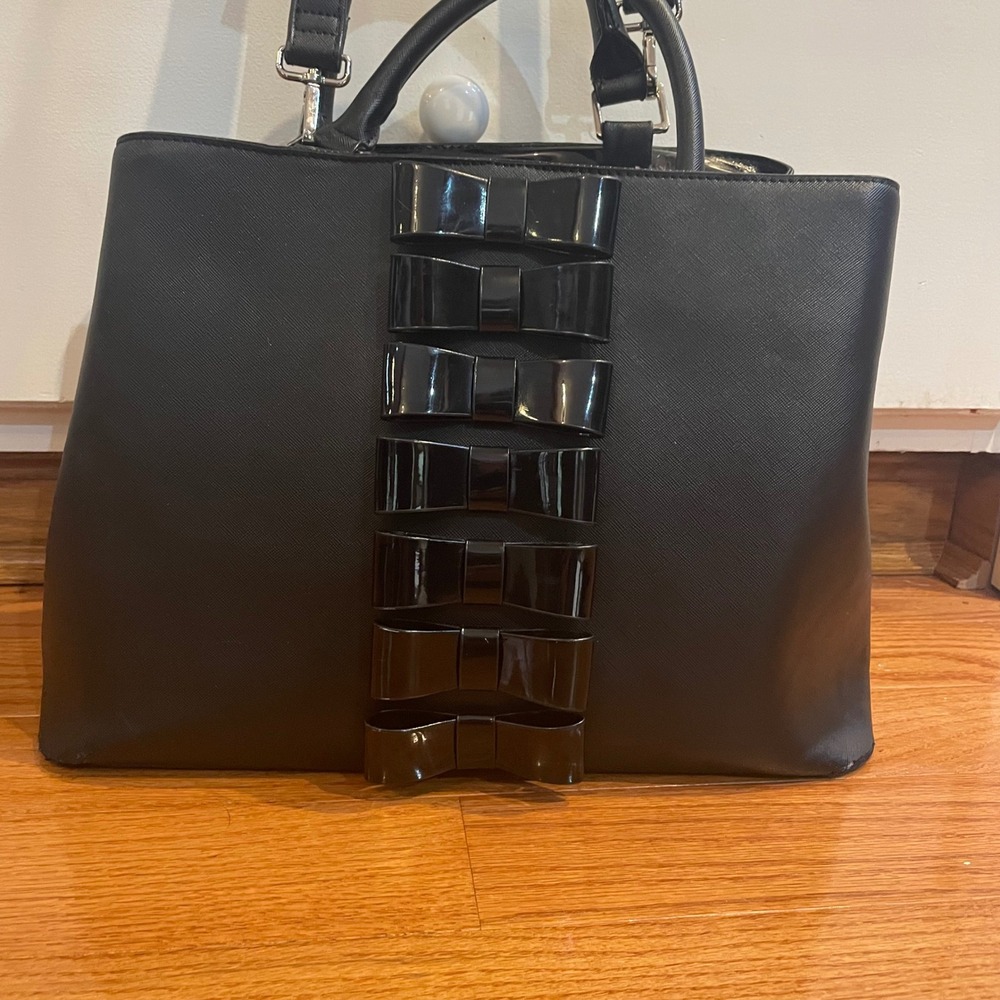 Betsey Johnson Black Faux Leather Tote Bag with Patent Bows